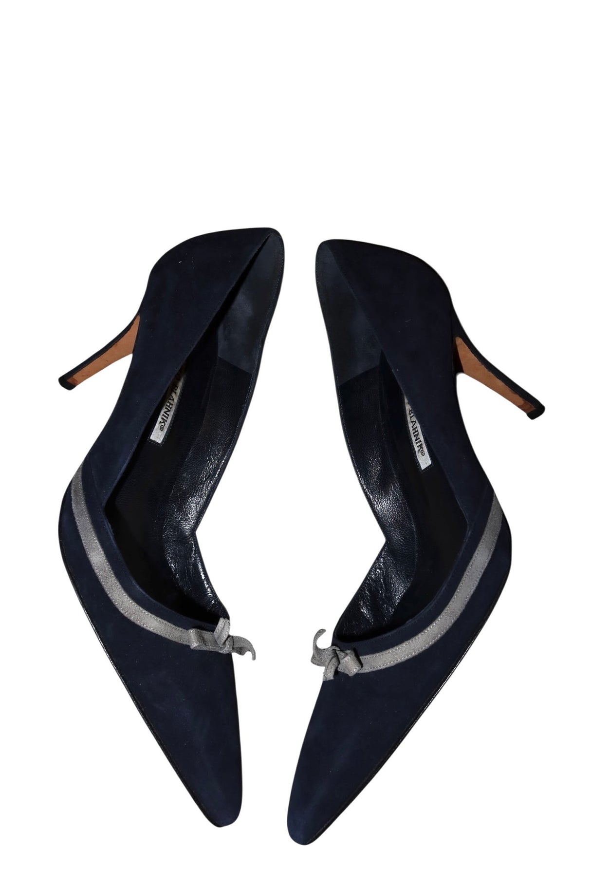 Manolo Blahnik blue suede heels with grey bow details (41.5)