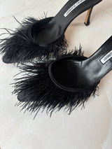 Manolo Blahnik EU 39 Black Satin Ostrich Feather Pointed Mule