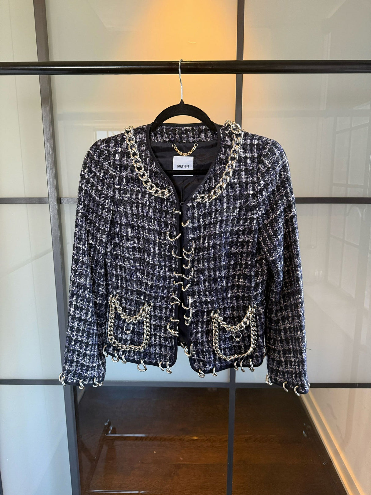 Moschino Navy & White Houndstooth Silver Chain Link Jacket