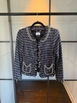 Moschino Navy & White Houndstooth Silver Chain Link Jacket