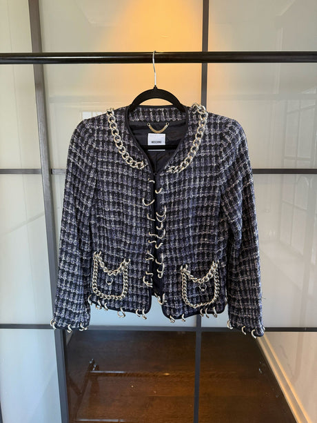 Moschino Navy & White Houndstooth Silver Chain Link Jacket