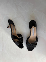 Manolo Blahnik EU 39.5 Black Leather Braided Knot Kitten Heel Sandal