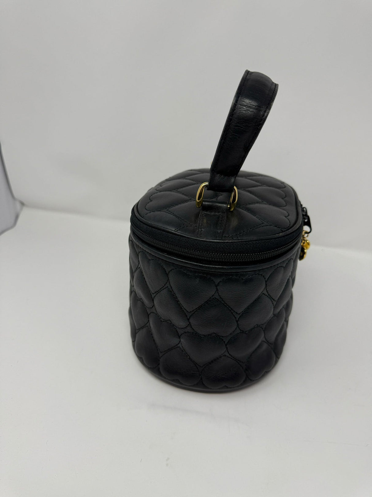 Moschino Black Leather Oval Quilted Heart Vanity Bag