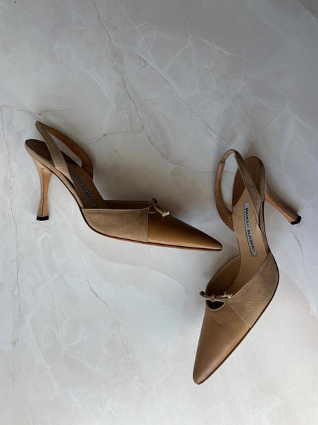 Manolo Blahnik EU 38 Tan Suede Leather Slingback Pointed Toe Heel