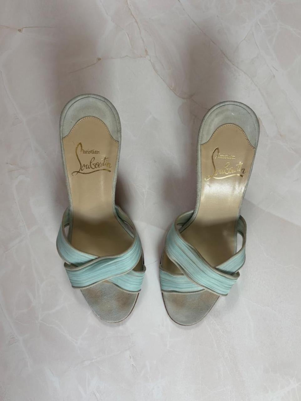 EU 36.5 Louboutin Light Blue Pleated Crisscross Mule Sandal