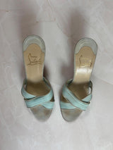 EU 36.5 Louboutin Light Blue Pleated Crisscross Mule Sandal