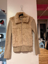 Rabbit fur and wool zip up sweater jacket in tan - size s-l