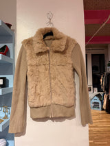 Rabbit fur and wool zip up sweater jacket in tan - size s-l