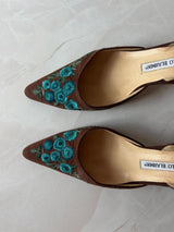Manolo Blahnik EU 37.5 Brown Floral Embroidered Pointed Toe Slingback