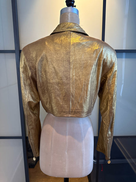 Donna Karan Gold Leather Sz 8 Cropped Bomber Biker Jacket Vintage