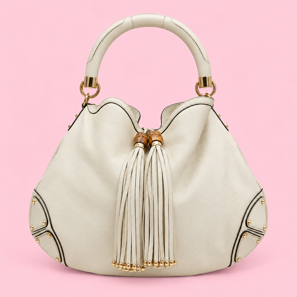 Gucci Indy Cream Leather Bamboo Tassel Hobo Bag