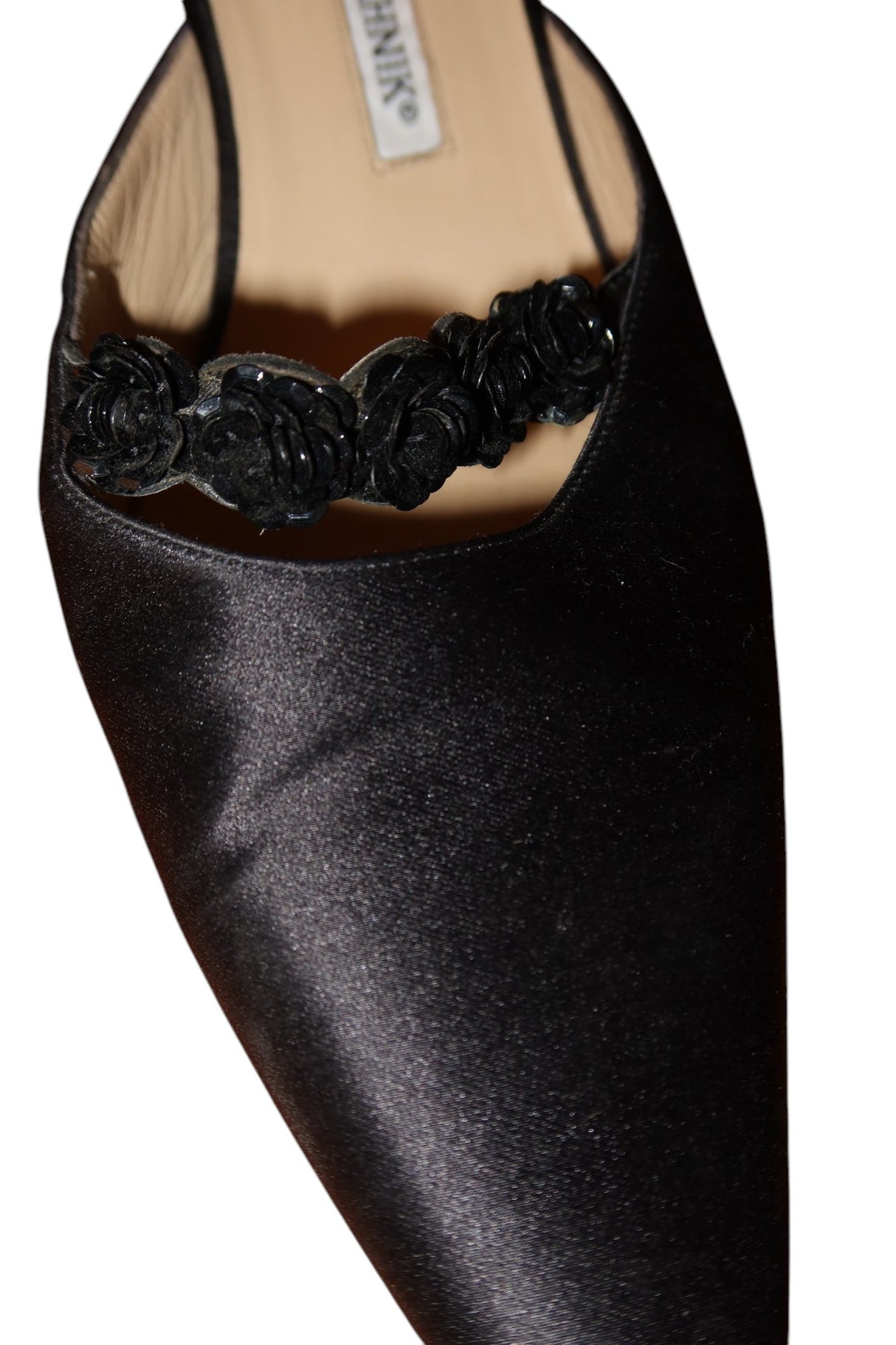 Manolo Blahnik black satin mules with flower details (39)