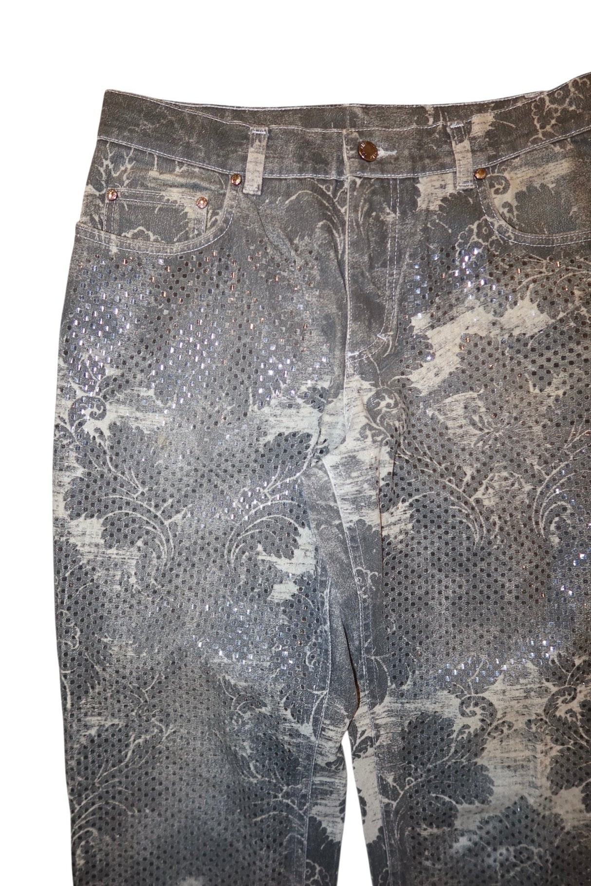 Roberto Cavalli gray jeans with baroque and metallic print (M)