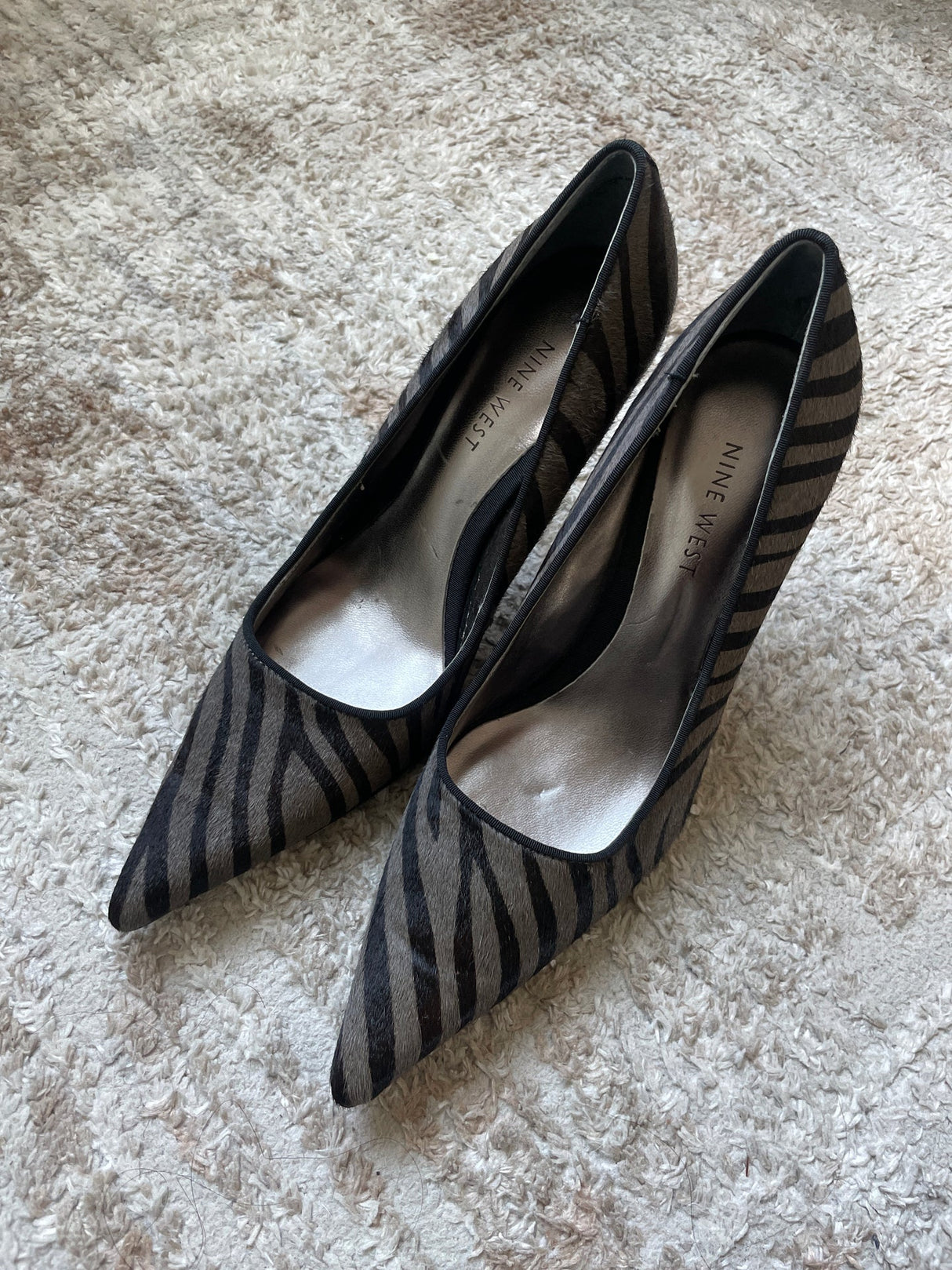 Black/grey zebra pony hair heels