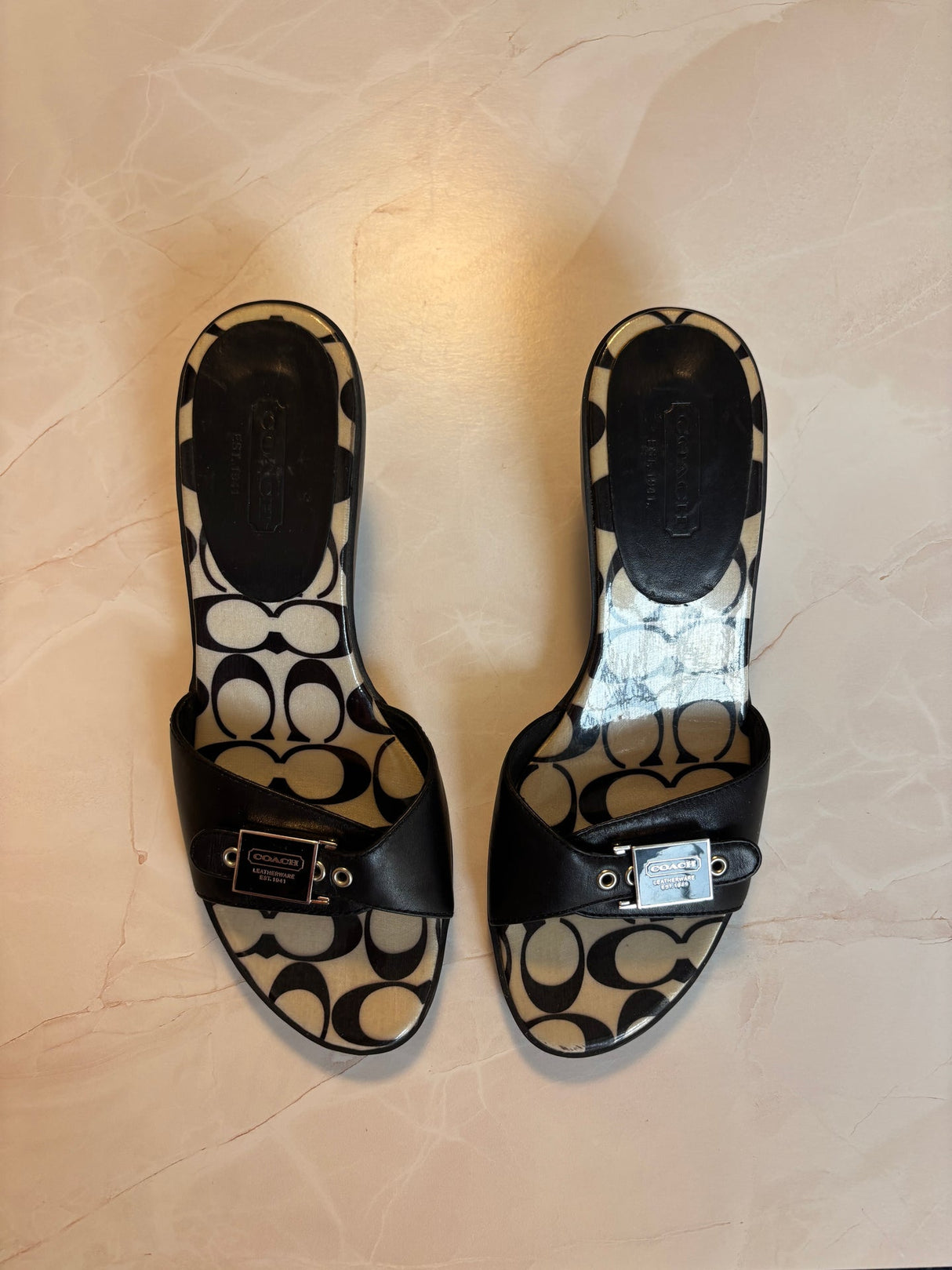 Coach US 9 Black Leather Monogram Canvas Footbed Slide Sandal