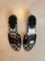 Coach US 9 Black Leather Monogram Canvas Footbed Slide Sandal