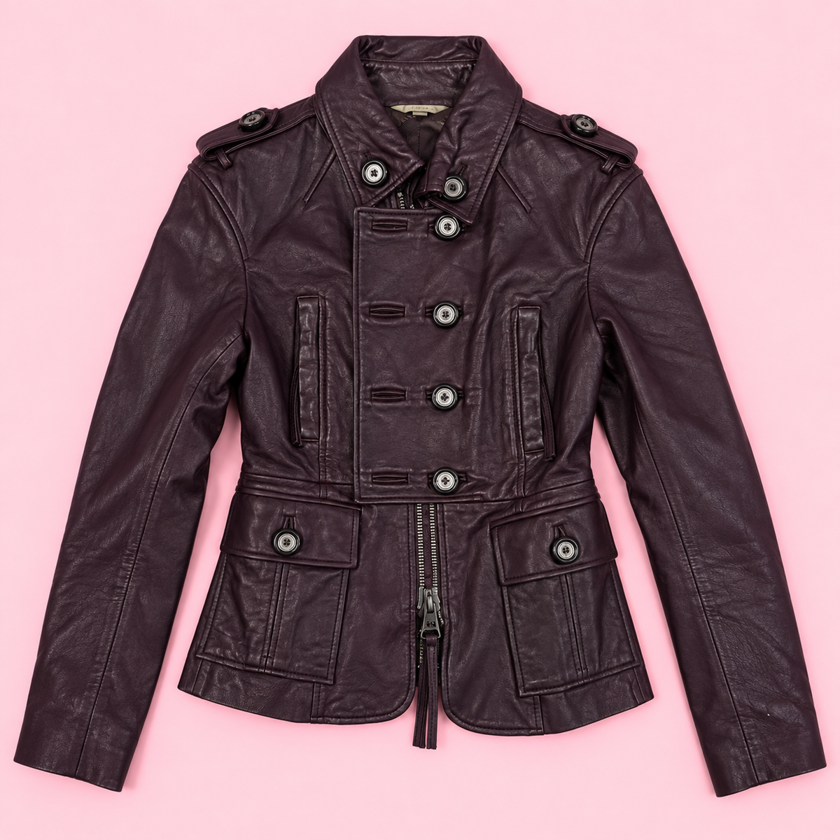 Deep Plum Leather Military Jacket