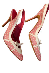 Manolo Blahnik pink and white polka dot heels with white bow (39.5)
