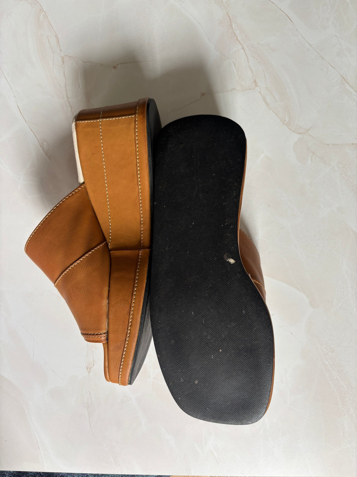 Coach US 5.5 Tan Leather Square Toe Slide Sandal