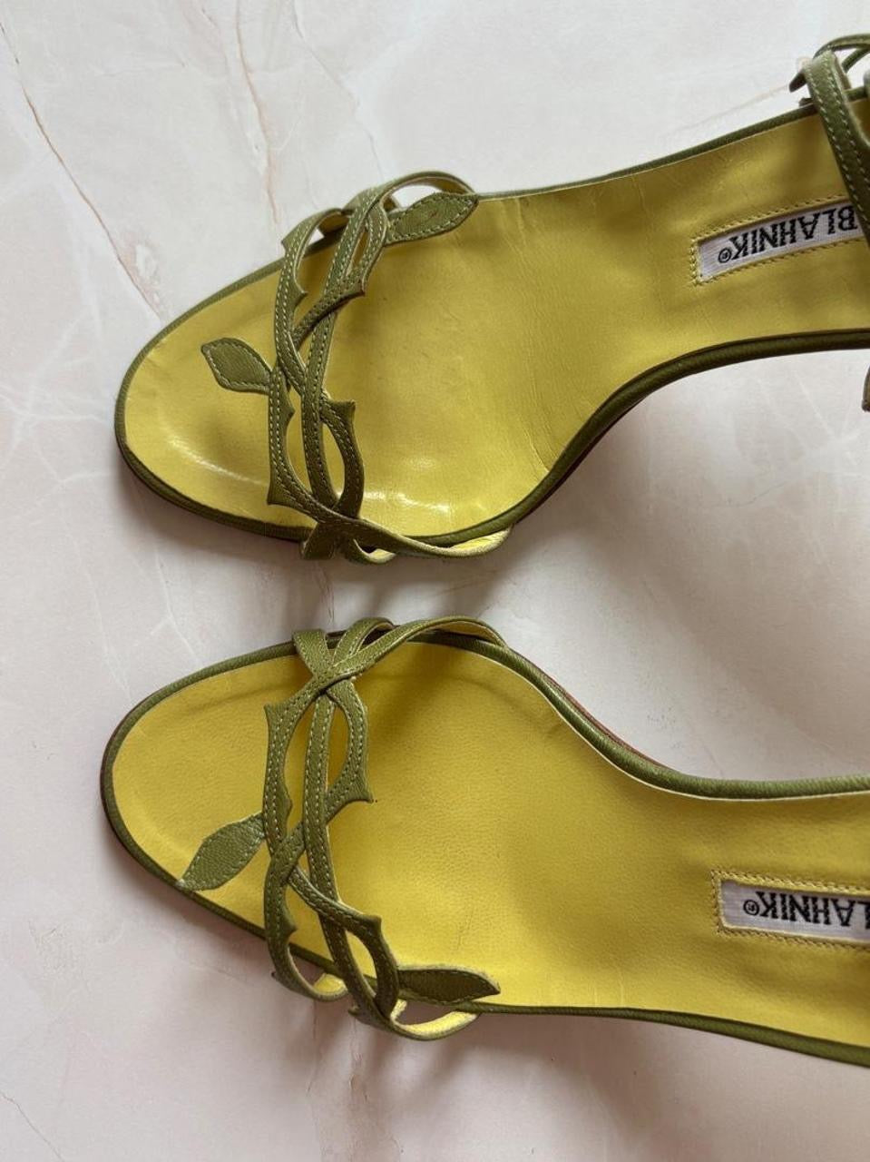 Manolo Blahnik EU 37 Forest Green Leather Strappy Sandal