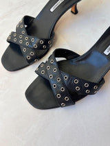 Manolo Blahnik EU 39.5 Black Leather Grommet Crossover Kitten Heel Mule