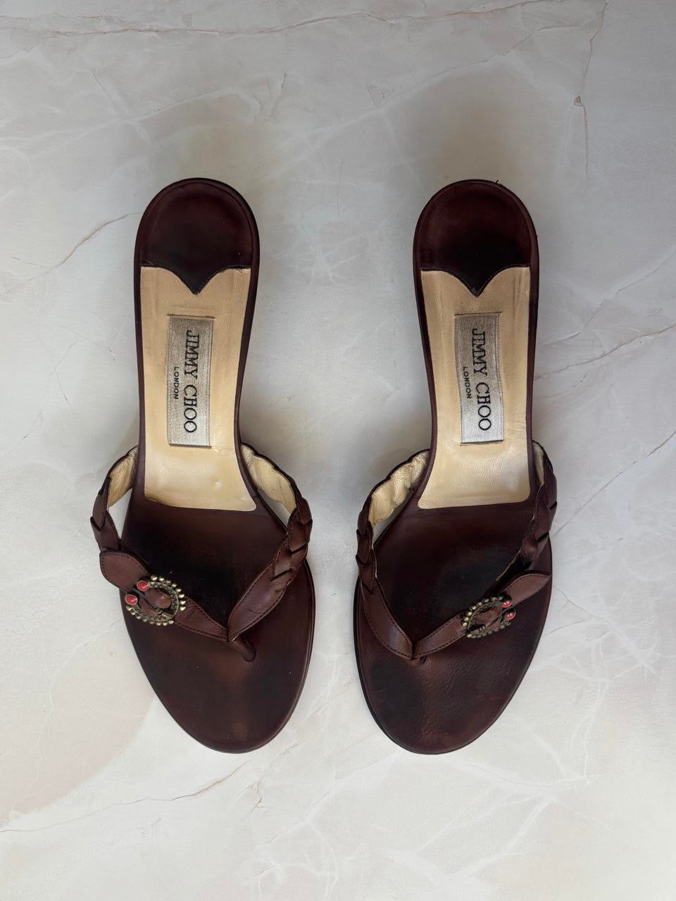Jimmy Choo EU 39.5 Brown Leather Braided Thong Kitten Heel Sandal