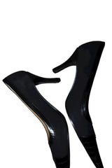 Chanel black suede and leather heels with silver CC logo (36.5C)