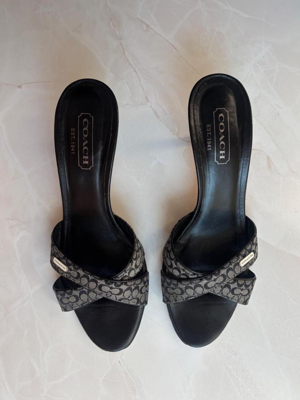 Coach US 7.5 Black Monogram Jacquard Mule