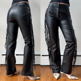 Black Leather Fringe Mid Rise Flare Pants