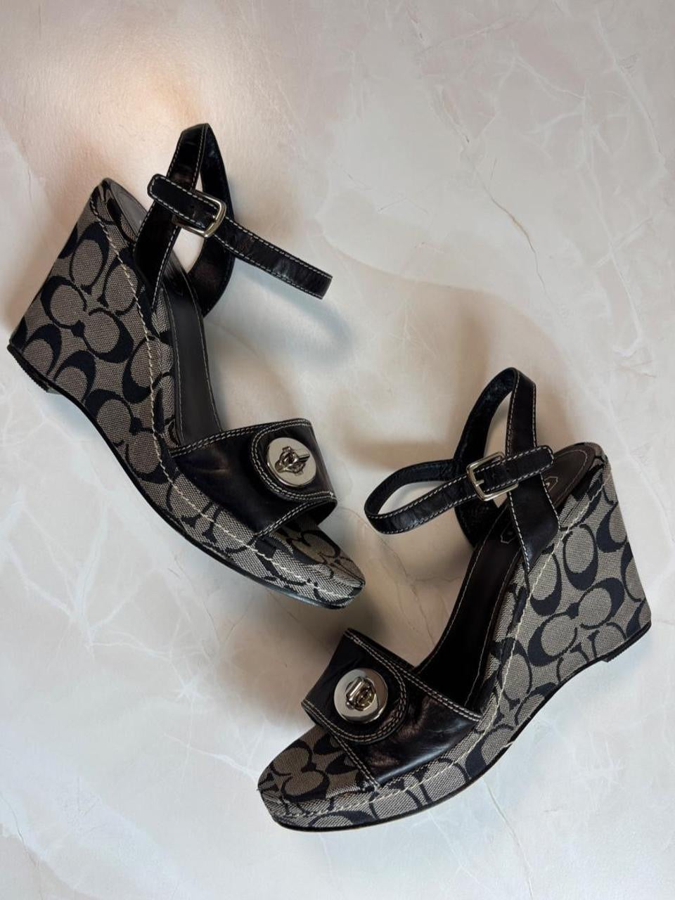 Coach US 9.5 Signature Canvas Wedge Sandal with Ankle Strap
