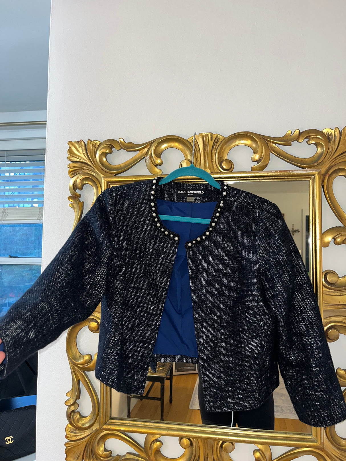 Karl Lagerfeld tweed blazer with pearl detail at collar
