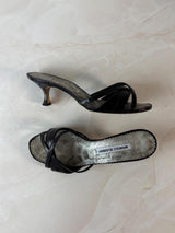 Manolo Blahnik EU 37.5 Black Leather Crossover Strap Open Toe Kitten Heel Mule