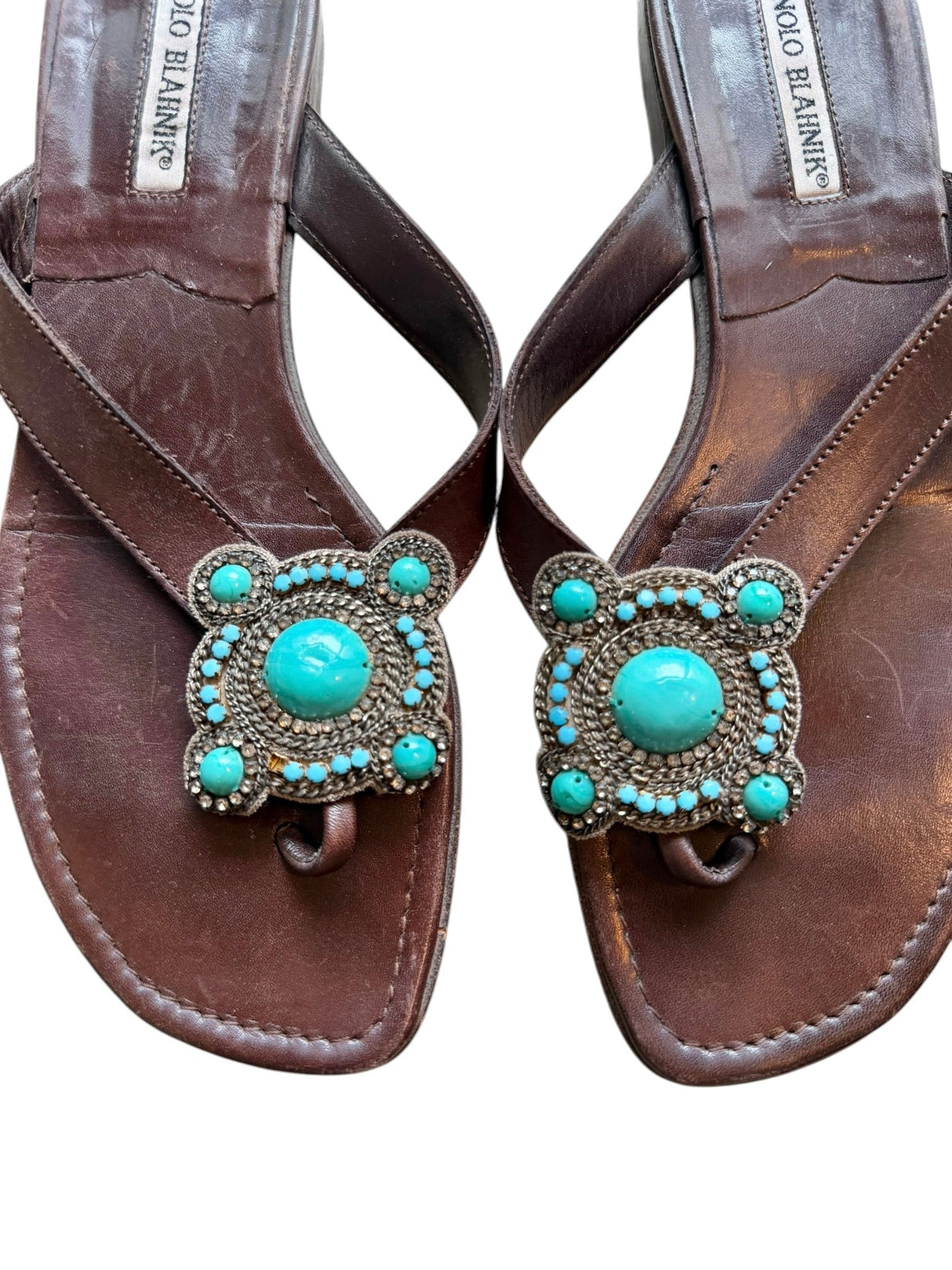 Manolo Blahnik brown sandals with turquoise stone detail (38)