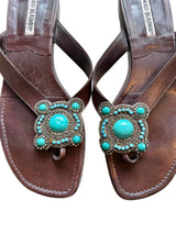 Manolo Blahnik brown sandals with turquoise stone detail (38)