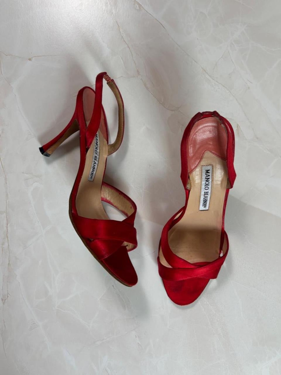 Manolo Blahnik EU 37 Cherry Red Satin Crisscross Sandal