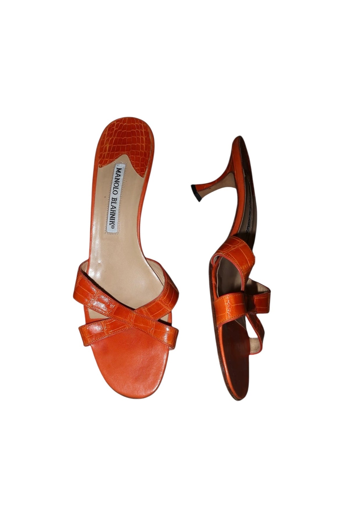 Manolo Blahnik orange lizard sandal heels (38.5)