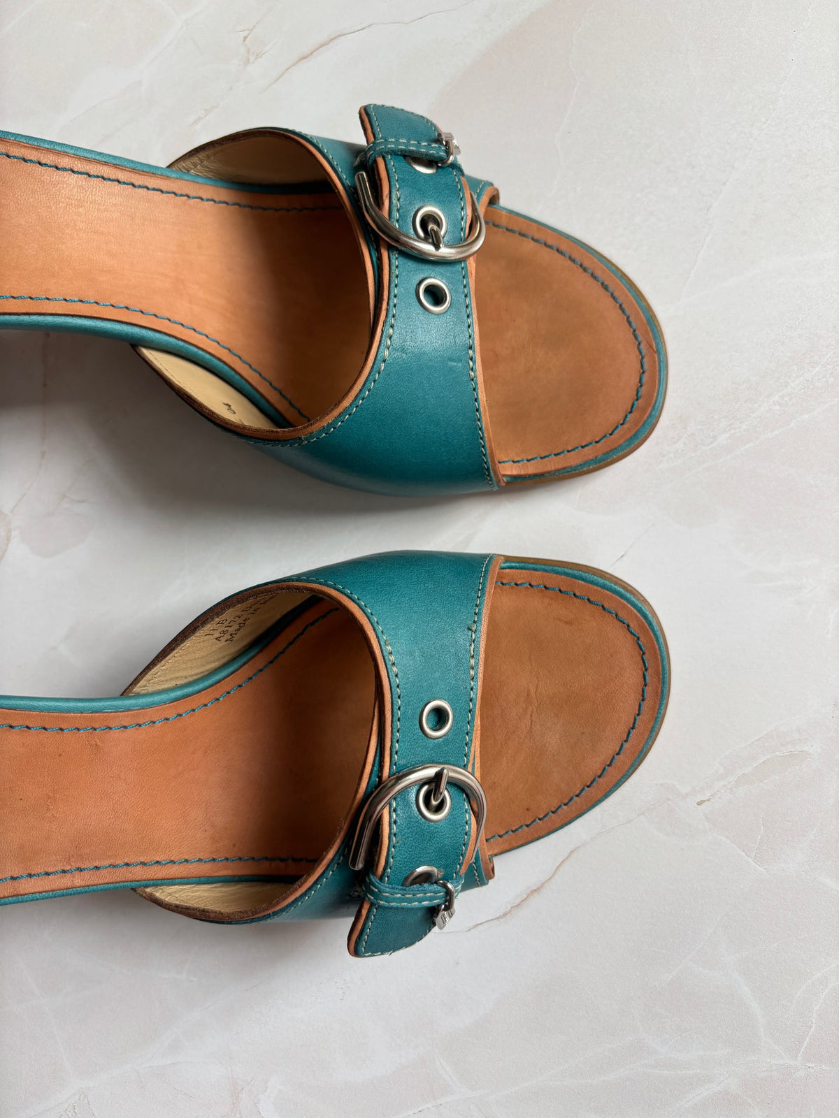 Coach US 11 Teal Leather Buckle Slide Sandal