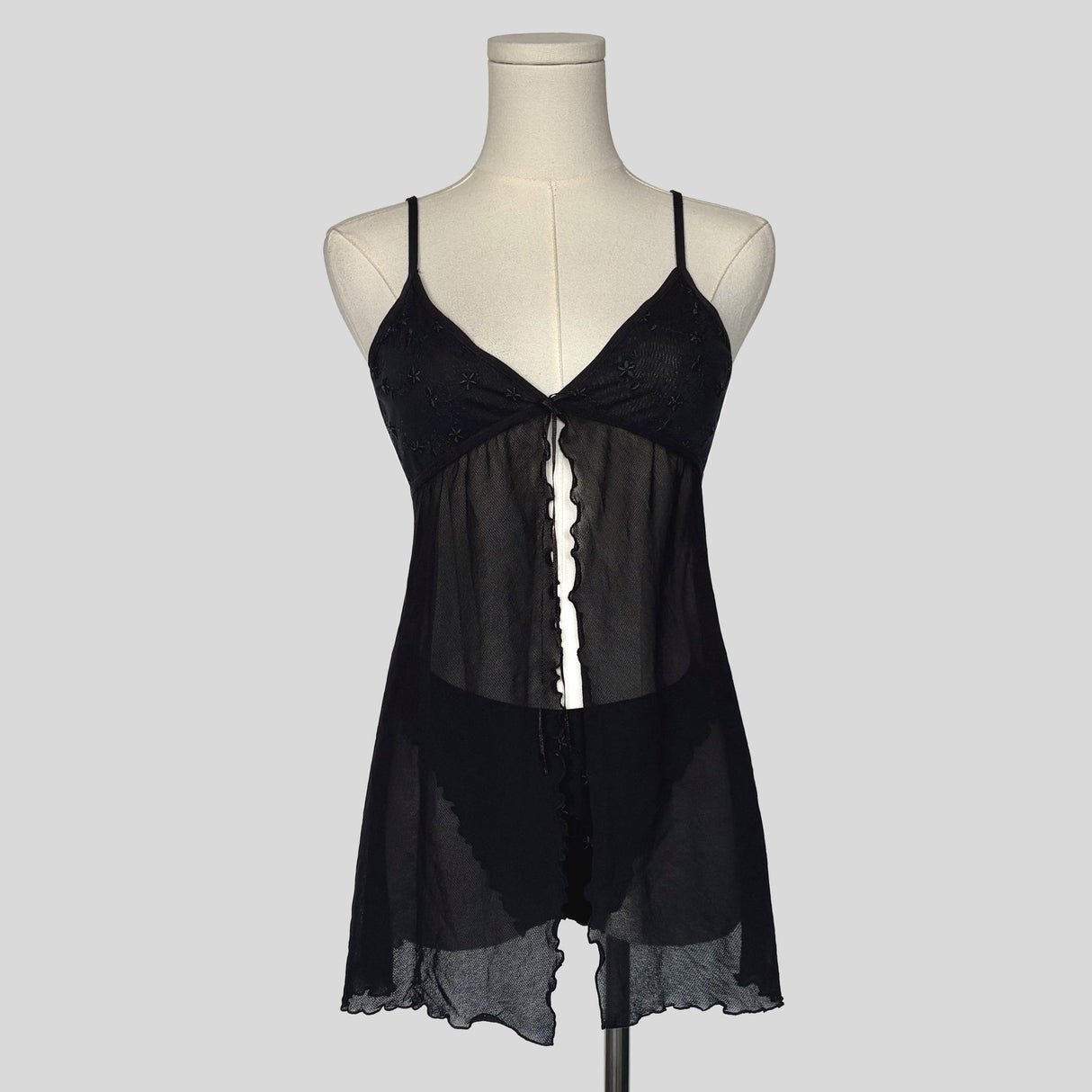 Sheer embroidered split front chemise with matching panties