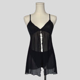 Sheer embroidered split front chemise with matching panties