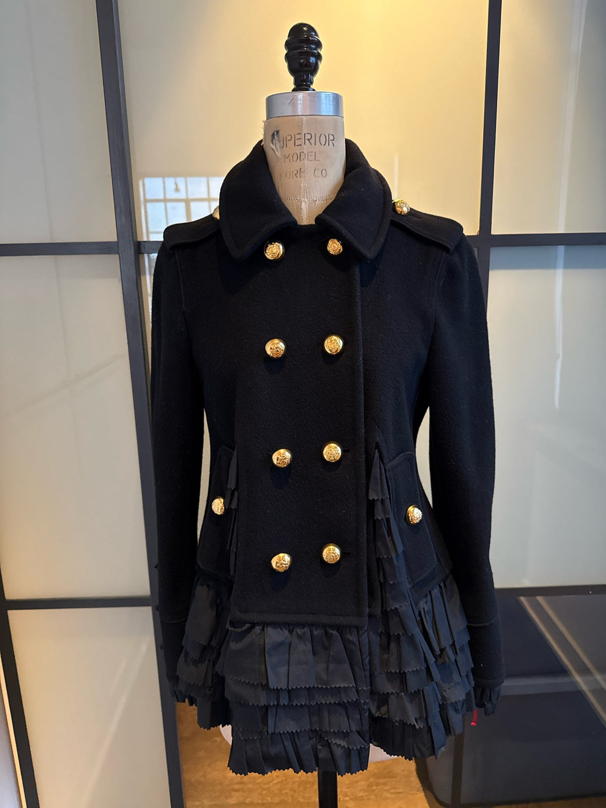 Moschino Black Wool Taffeta Ruffle Pea Coat