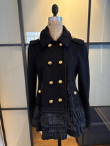 Moschino Black Wool Taffeta Ruffle Pea Coat