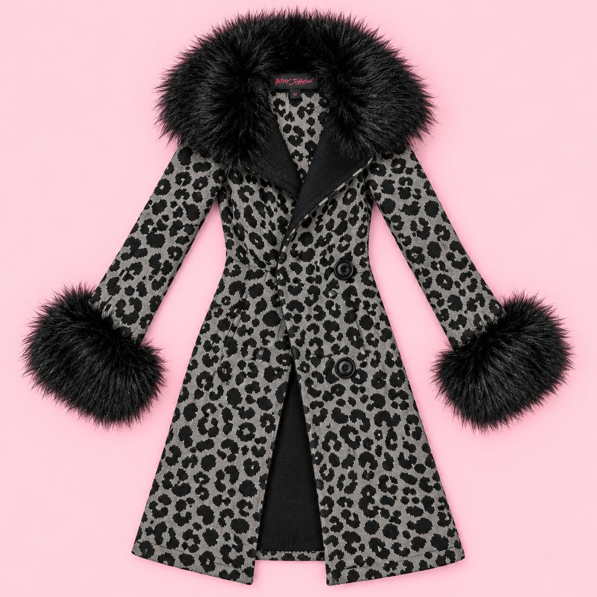 Betsey Johnson Leopard Print Faux Fur Trim Duster