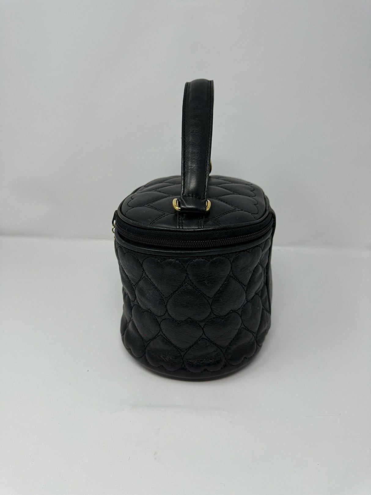 Moschino Black Leather Oval Quilted Heart Vanity Bag