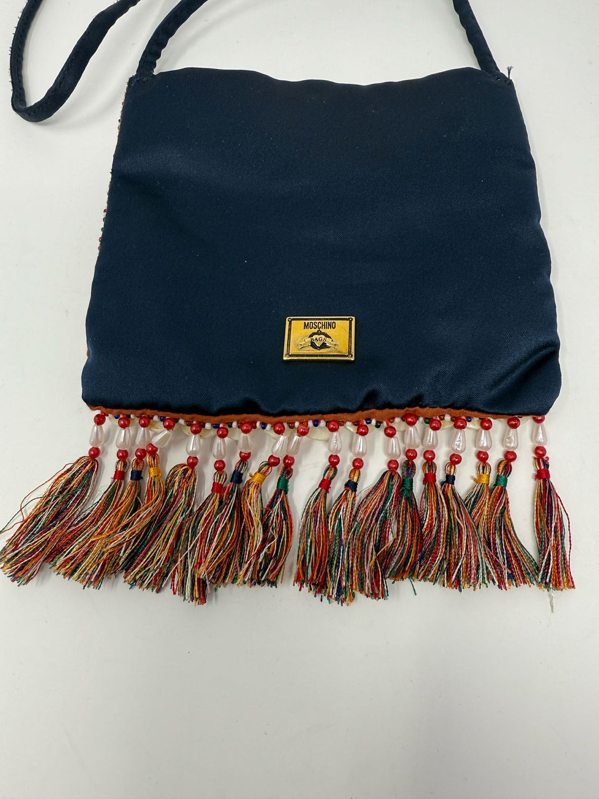 Moschino Navy Satin Beaded Button Crossbody Bag