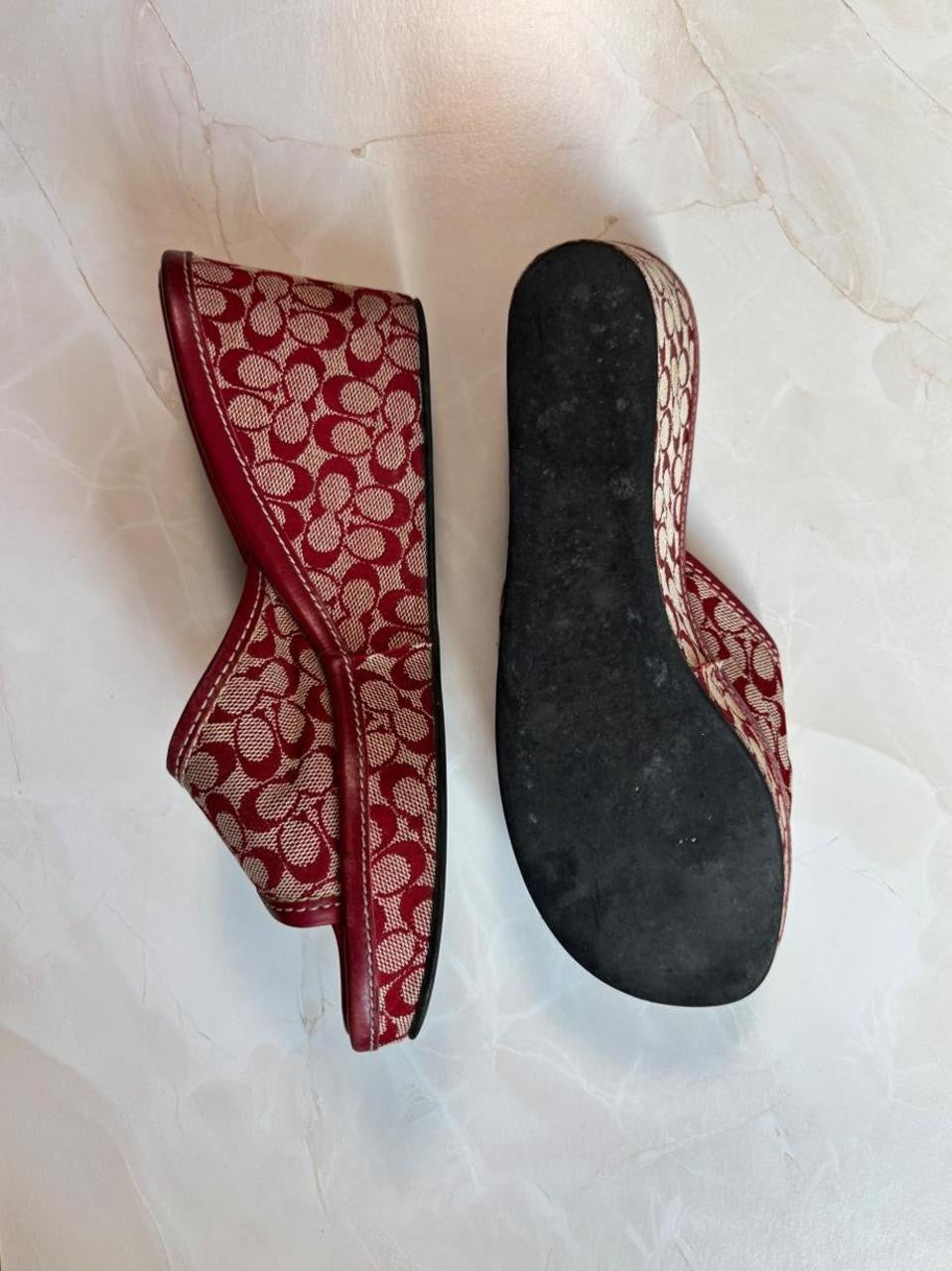 Coach US 7 Red Signature C Monogram Canvas Open Toe Platform Wedge Slide