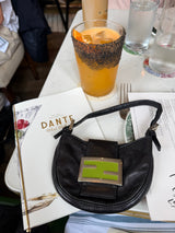 Vintage Fendi Black Leather Mini Croissant Bag with Lime Green Logo