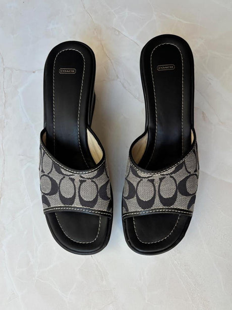 Coach US 10 Black Grey Monogram Canvas Wedge Slide Sandal