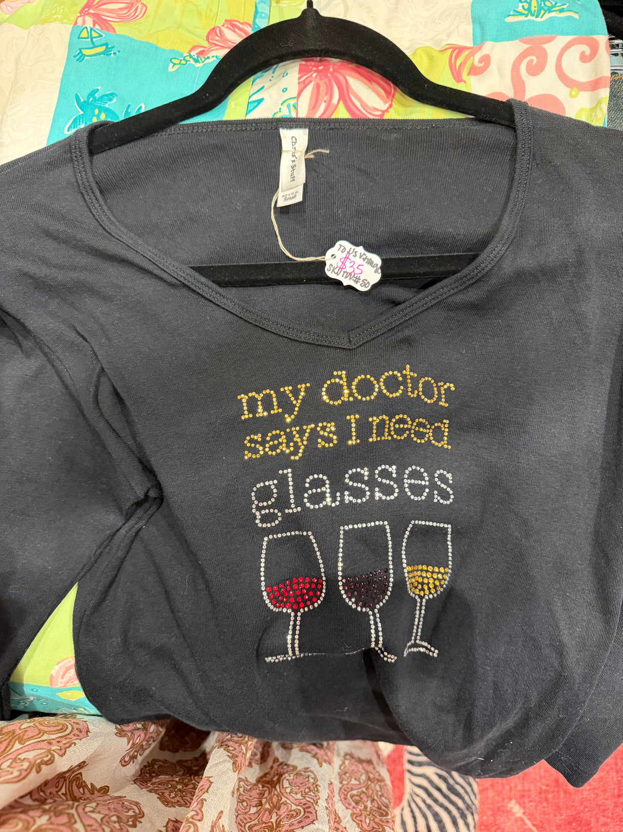 My doctor says I need glasses wine bedazzled black tee - sku tuv #50