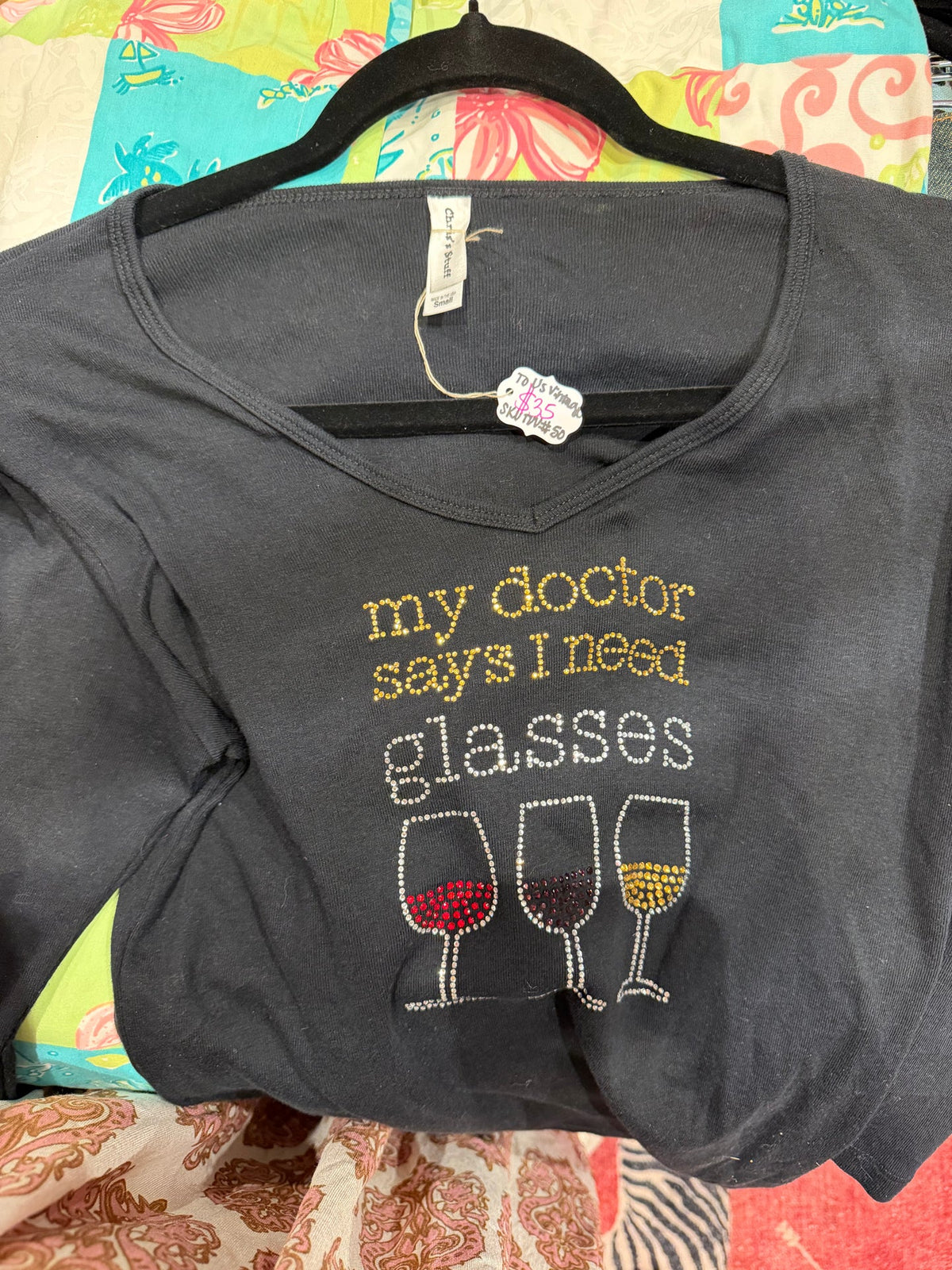 My doctor says I need glasses wine bedazzled black tee - sku tuv #50
