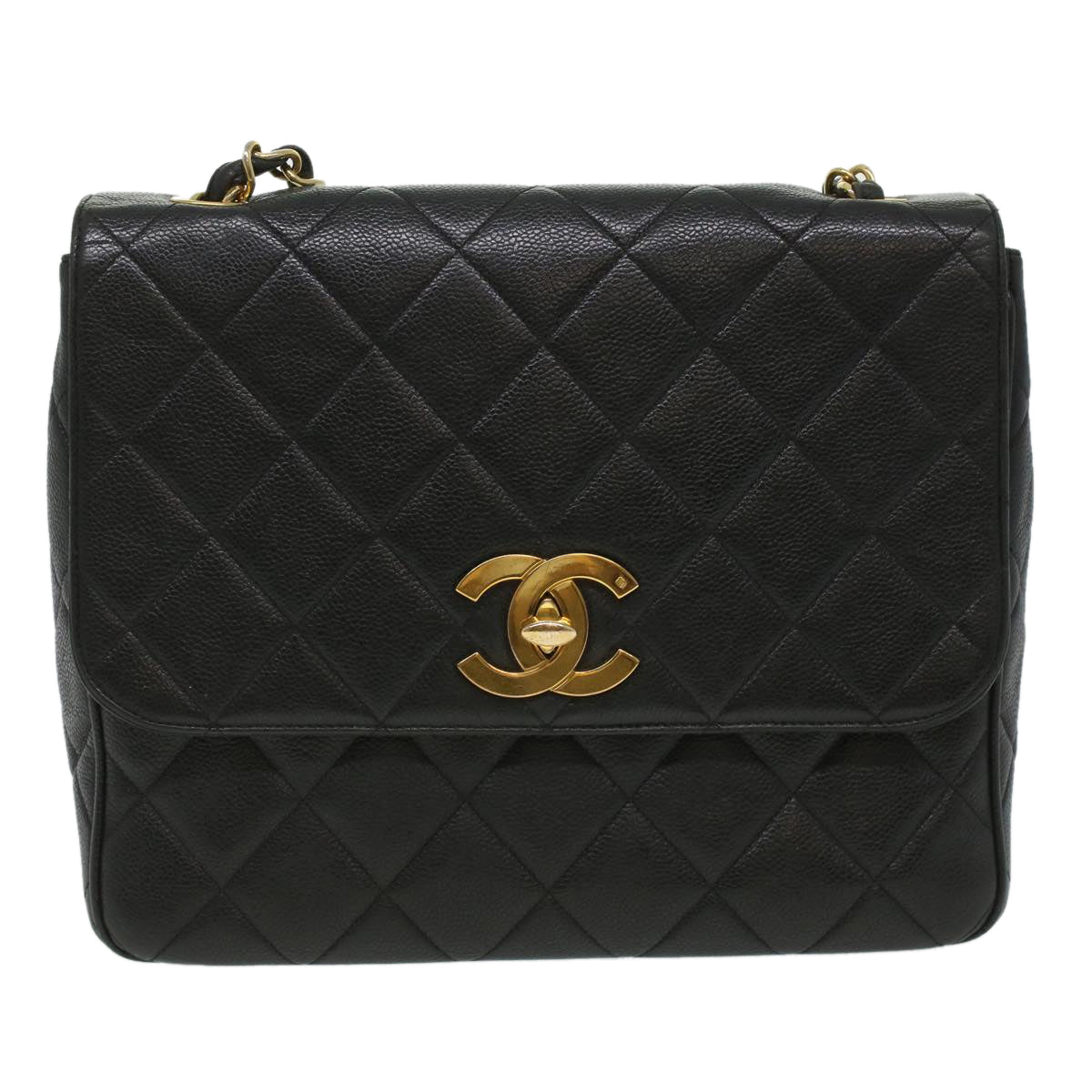 #53 Chanel Big Matelasse Turn Lock Shoulder Bag Caviar Skin Black